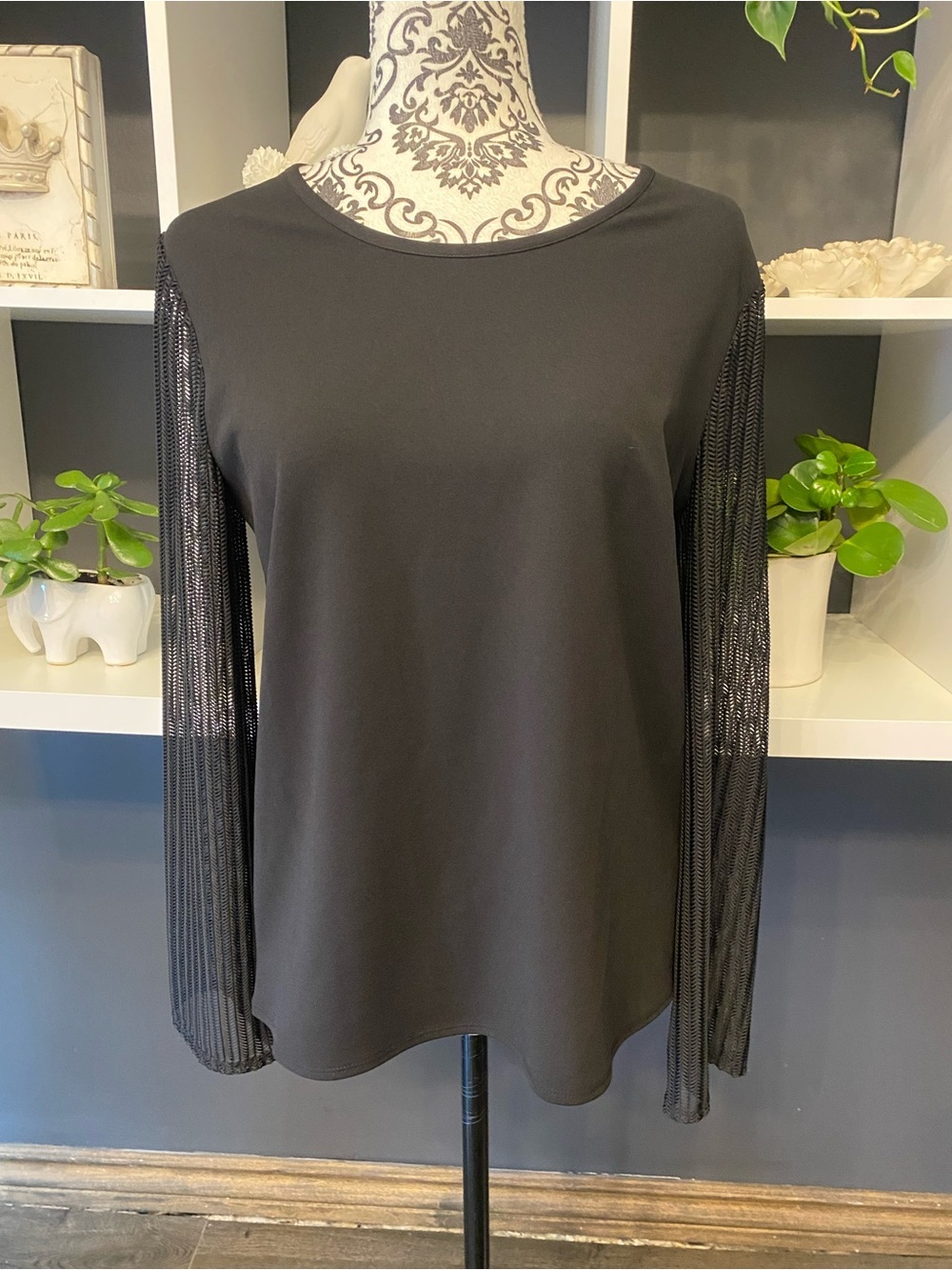 Halston Black Long-Sleeve Blouse with Sheer Striped Sleeves